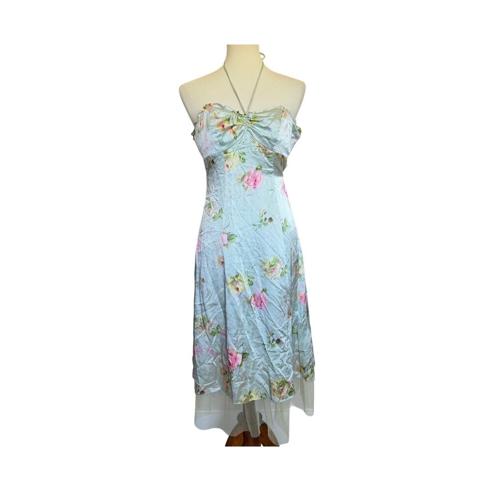 Vintage Betsey Johnson New York Silk Halter Dress Light Blue Pink Floral  Size 4